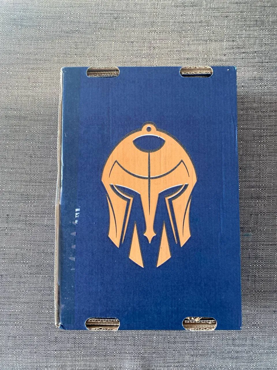 Millennia Books box with golden hoplite helmet